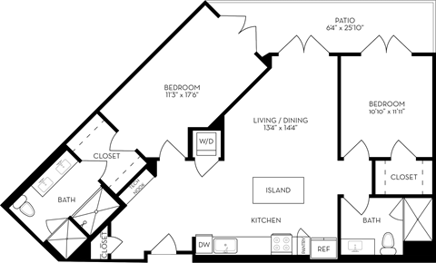 Floor plan for 2 beds, 2 baths, 1147 sqft